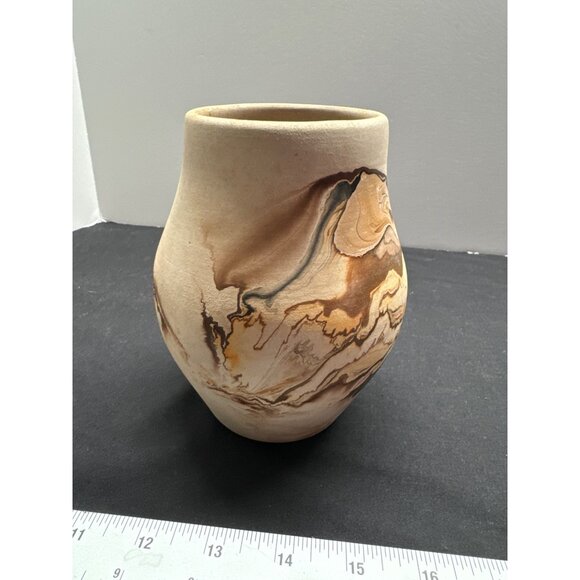 Nemadji PotteryHandcrafted USA Pottery Vase With Marbled Design In Brown Earthy - Picture 4 of 8